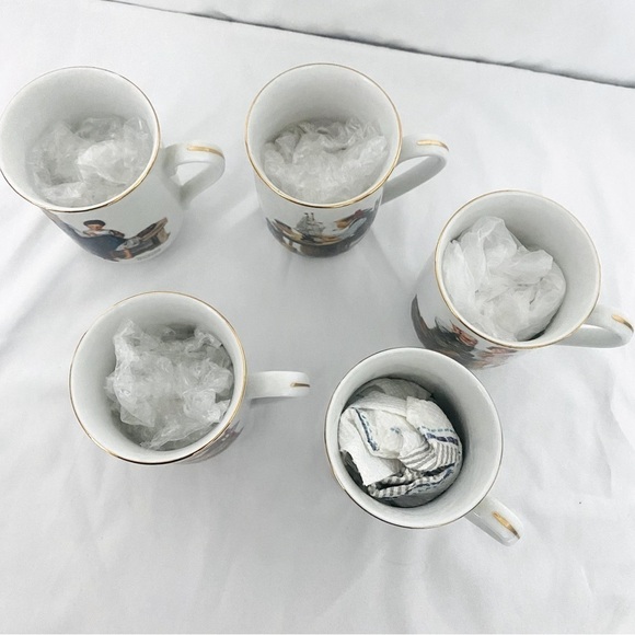 VINTAGE SET Of 5 Norman Rockwell Museum Coffee Mugs Cups White Gold Trim JAPAN - Picture 15 of 15